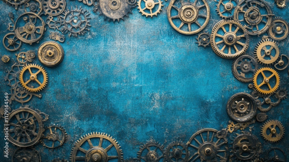 Steel gears and cogs arranged artistically on a gradient blue background Steel gears and cogs arranged artistically on a gradient blue background