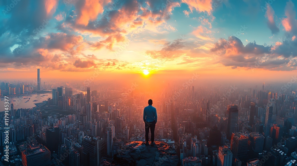 Fototapeta premium Sunset over city skyline urban landscape inspirational viewpoint