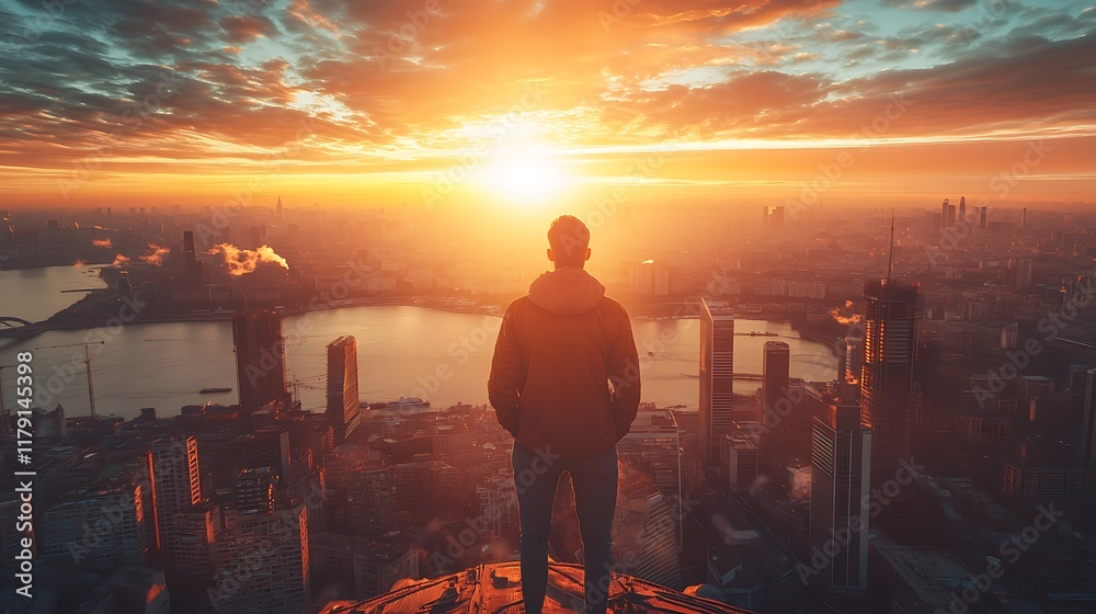 Fototapeta premium Sunset over city skyline urban landscape inspirational viewpoint
