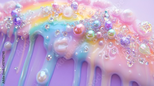 Slime-like pastel rainbow drip decorated with iridescent pearls and jewels creating a whimsical effect photo