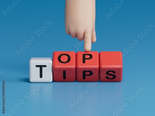 Top Tips symbol. Businessman hand points at turned wooden cubes with words Top Tips.Business and Top Tips concept. Copy space.3D rendering on blue background.