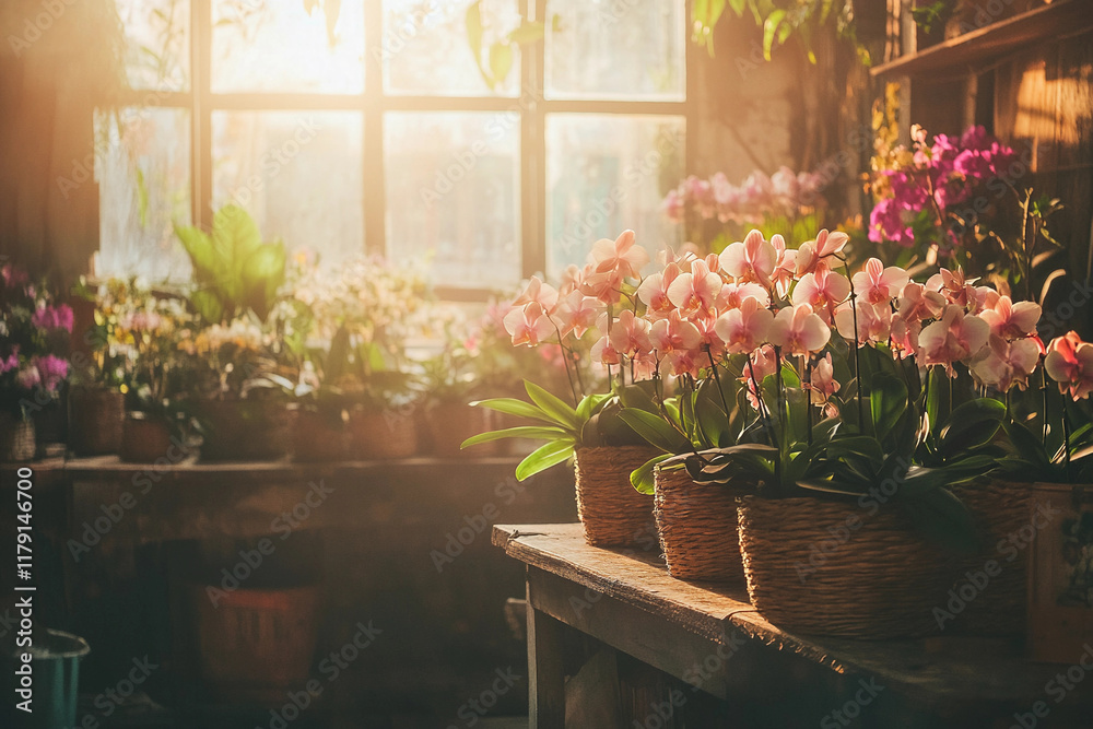 Fototapeta premium Lush Floral Shop with Moth Orchids and Rustic Elegance