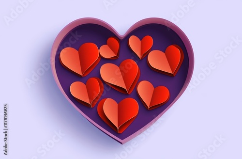A Purple Heart Container Filled with Numerous Red Paper Hearts Perfect for Valentine's Day Cards and Romantic Designs