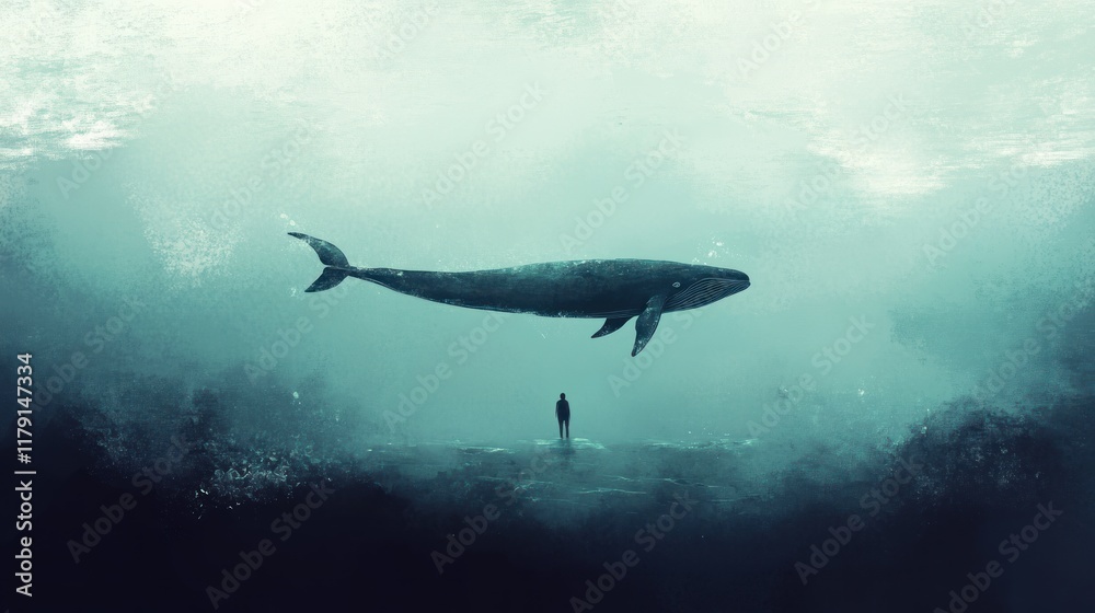 Obraz premium Solitary figure gazing at a colossal whale underwater, ethereal atmosphere.