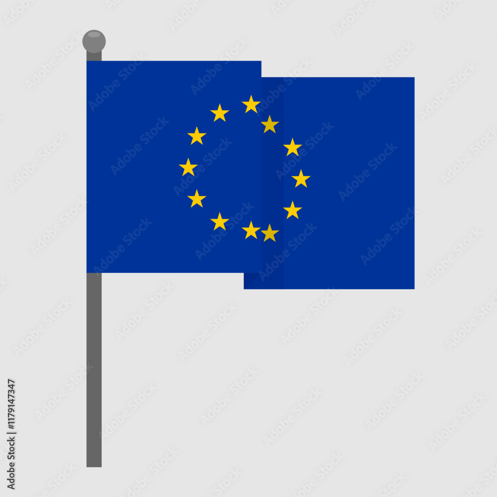 Waving European flag on a gray flagpole. Vector illustration, EPS10 Waving European flag on a gray flagpole. Vector illustration, EPS10
