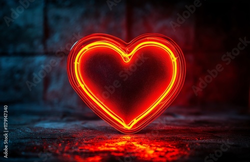 Glowing neon red heart on a dark textured background, symbolizing love and passion photo