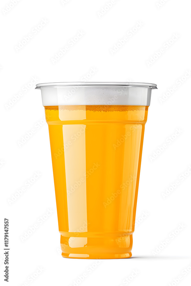 Front view of draught beer in plastic disposable cup isolated on white background Front view of draught beer in plastic disposable cup isolated on white background