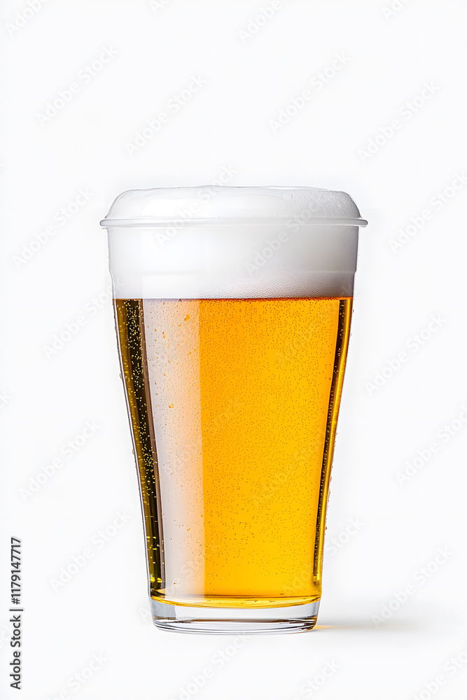 Front view of draught beer in plastic disposable cup isolated on white background Front view of draught beer in plastic disposable cup isolated on white background