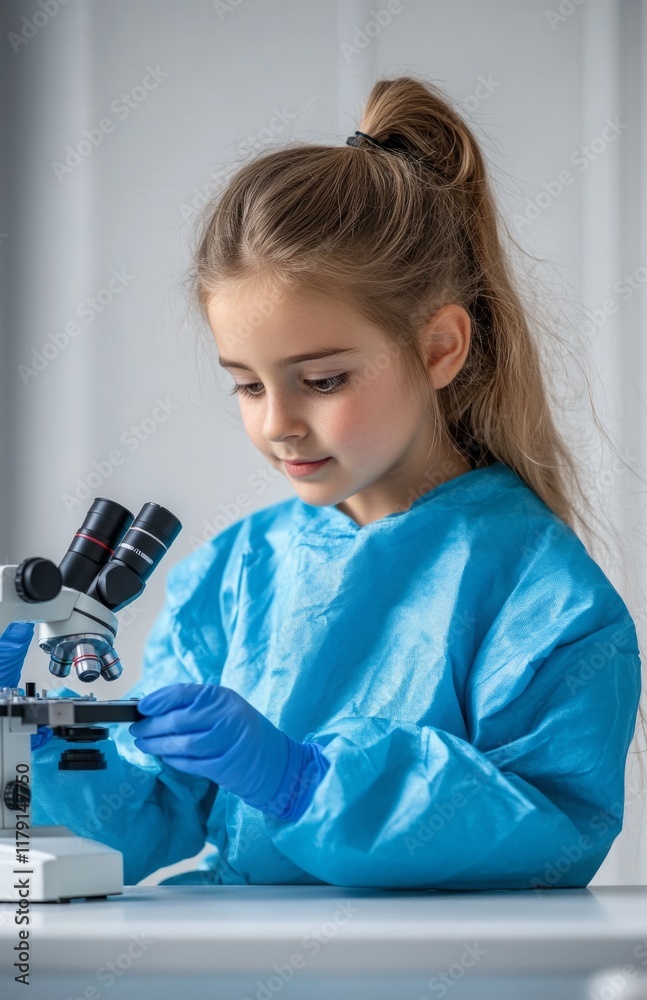 Young girl in blue medical gown working with microscope on science experiment Young girl in blue medical gown working with microscope on science experiment