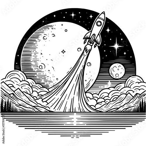 Rocket Launching into Starry Night Sky vector
