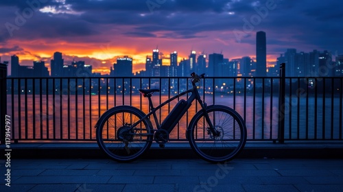 Electric bicycle parked by waterfront with city skyline at sunset. photo