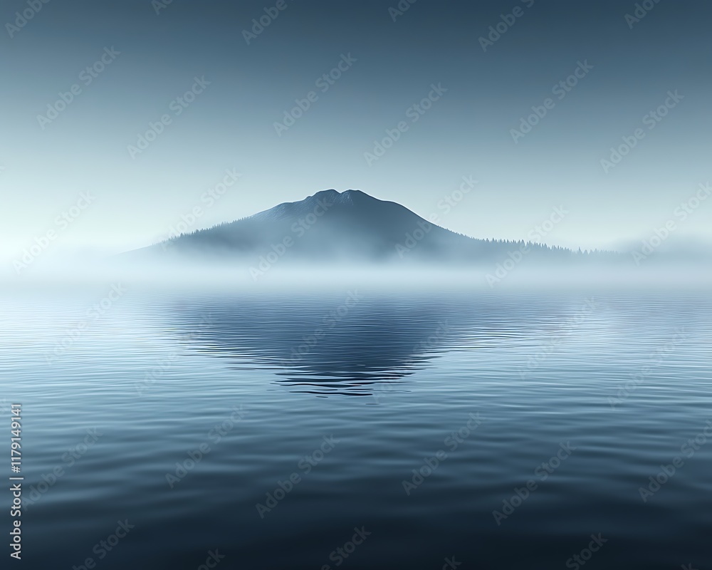 Naklejka premium Misty mountain reflected in calm lake water at dawn.