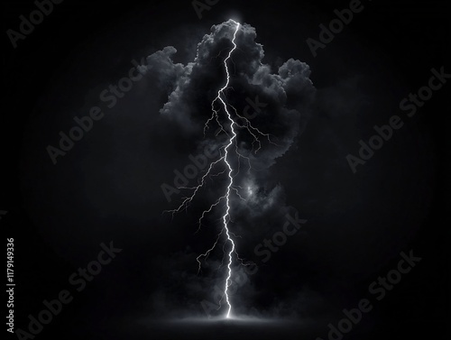 A dramatic vertical lightning bolt splitting the dark ominous sky with a powerful electric force