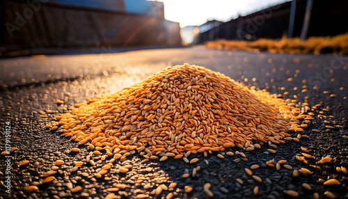 Golden hour sunlight illuminates a mound of harvested grain on a dark asphalt surface. photo