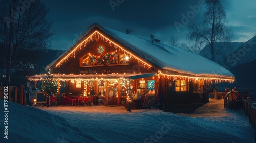 Wallpaper Mural Cozy Winter Cabin with Holiday Lights and Snowy Landscape Torontodigital.ca
