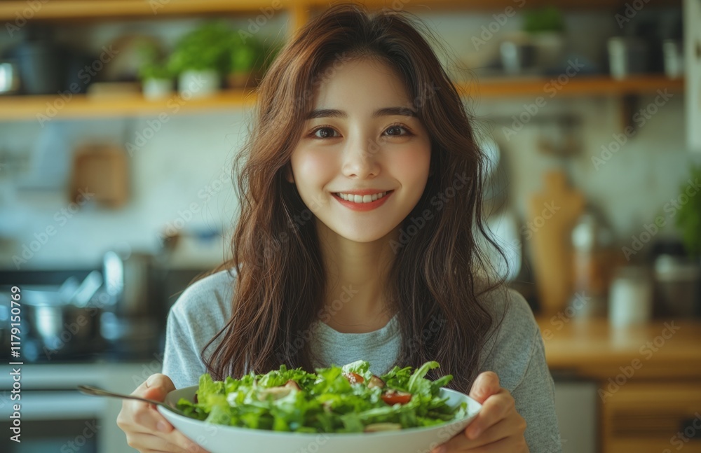 Young Asian woman holding salad bowl and smiling at dining table in home kitchen Young Asian woman holding salad bowl and smiling at dining table in home kitchen