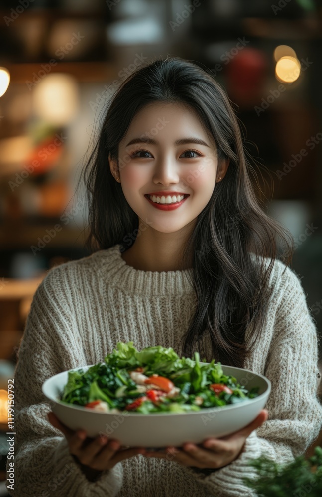 Young Asian woman holding salad bowl and smiling at dining table in home kitchen Young Asian woman holding salad bowl and smiling at dining table in home kitchen