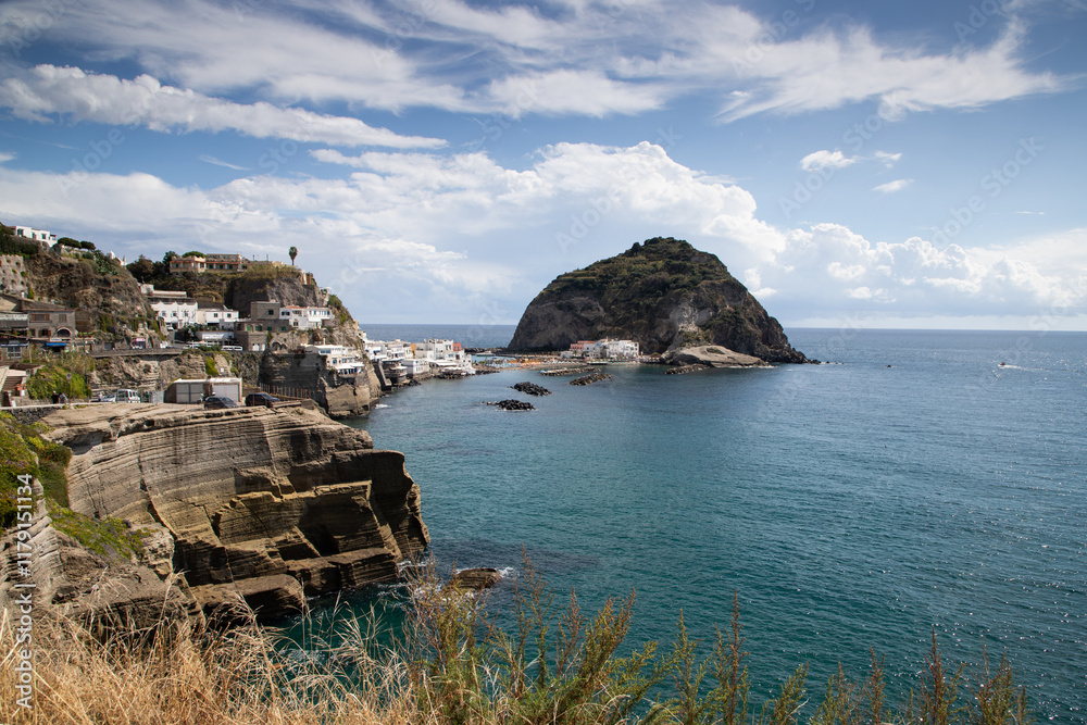 Φωτογραφία village Sant'Angelo, giant green rock in blue sea near Ischia Island, Italy