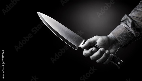 Man hand holding kitchen knife on isolated dark background 