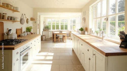 Bright  airy kitchen with wooden countertops  white cabinets  and sunlit conservatory.