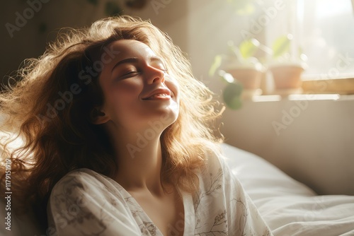 Serene woman basking in morning sunlight, enjoying peaceful moment of relaxation in bed