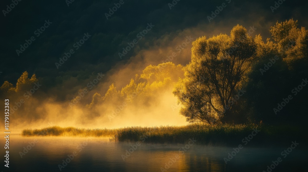 Obraz premium Fine golden mist settling softly, glowing faintly against a dark background, creating an ethereal and atmospheric ambiance