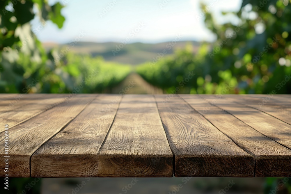 Wooden table, vineyard background, sunlight, product display Wooden table, vineyard background, sunlight, product display