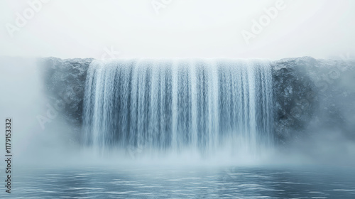 Waterfall cascade, realistic water fall stream, vector fountain cascading natural 3d design elements. Pure falling jet with fog, falling waterfall, streaming isolated on transparent or blue background