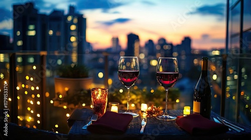 A romantic dinner for Valentine's Day on a balcony, with soft lights, wine, and a breathtaking city view