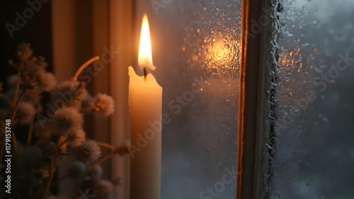 Close-up of a lit candle. Frosted window background. Realistic candlelight glow. Cozy atmosphere for winter nights. photo