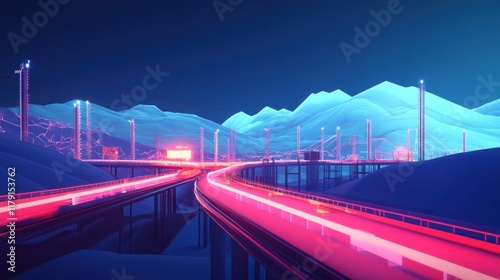 Neon-lit highway curves through a futuristic mountain landscape at night.