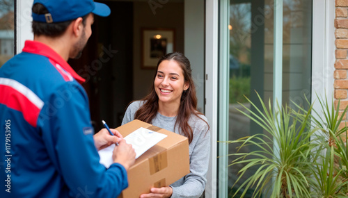 Happy Customer Receiving a Package from Delivery Person at Home