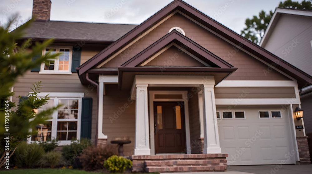Two-story house with brown siding, white columns framing the entryway, a brown door, and a white garage door. Landscaping is visible in the foreground. Two-story house with brown siding, white columns framing the entryway, a brown door, and a white garage door. Landscaping is visible in the foreground.