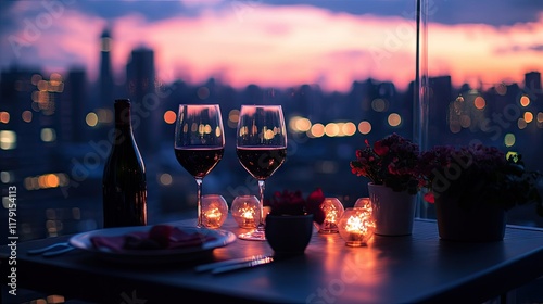 A romantic dinner for Valentine's Day on a balcony, with soft lights, wine, and a breathtaking city view