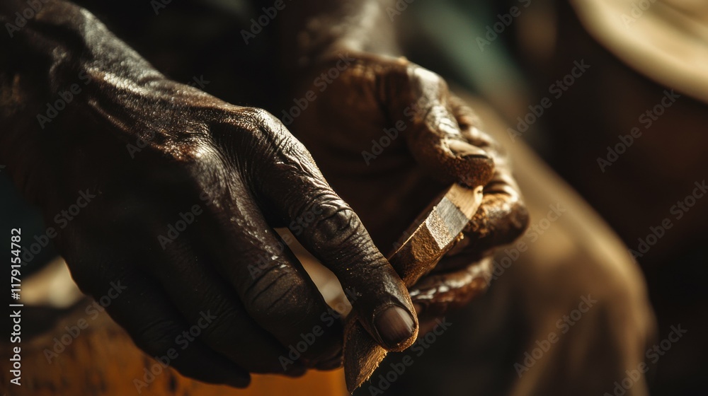 Close-up of a craftsman's hands using a chisel to shape wood, showcasing skill and precision. Close-up of a craftsman's hands using a chisel to shape wood, showcasing skill and precision.