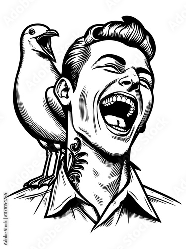 Man Laughing with Bird on Shoulder vector