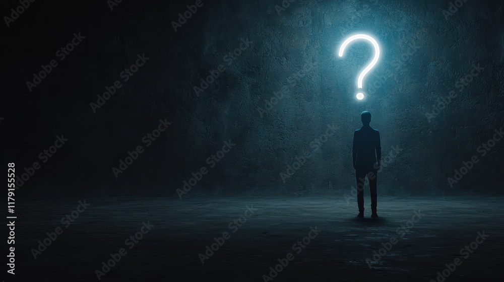 Human Silhouette with Neon Question Mark in Dark Room Human Silhouette with Neon Question Mark in Dark Room