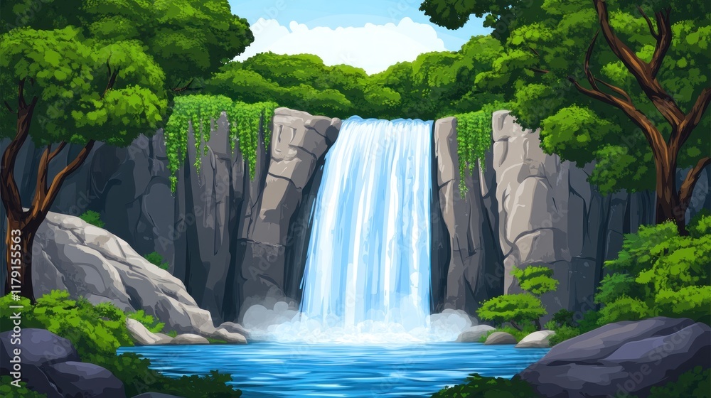 Naklejka premium Lush green forest waterfall cascading into a tranquil pool.