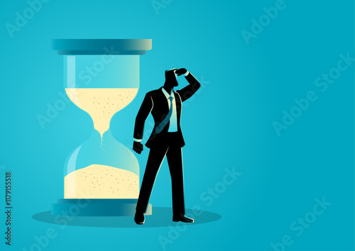 Businessman placing his hand on his forehead while gazing into the distance, with an hourglass in the background. Symbolizing time management, deadlines, and strategic planning