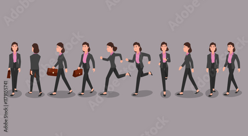 A business woman walk and running in different views. Vector illustration