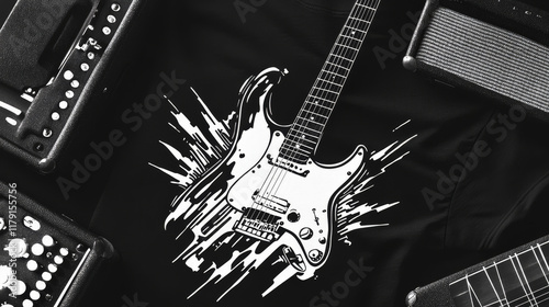 Tshirt prints with electric guitars, vector emblems for hard rock music club or band apparel design. T shirt monochrome prints with typography for musical festival isolated labels with amp and flashes