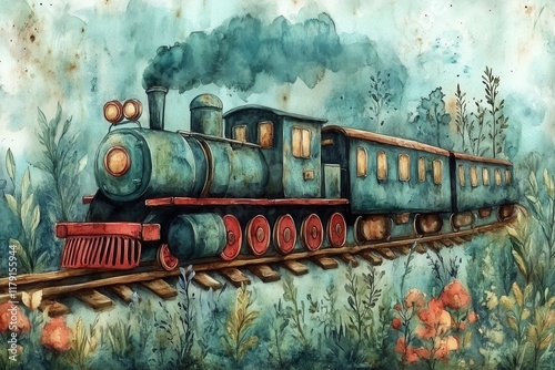A vintage steam train traveling through a lush, colorful landscape.