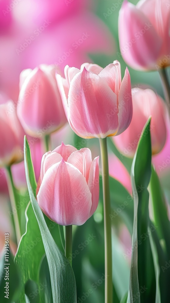 Charming pink tulips bloom vibrantly in a spring garden adorned with lush foliage Charming pink tulips bloom vibrantly in a spring garden adorned with lush foliage