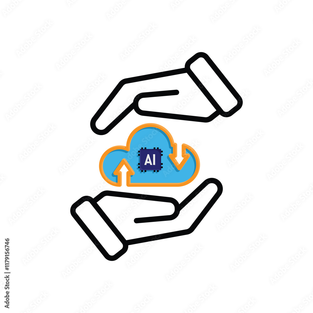 ai icon. Cloud Computing in hand, Outline icons include network, Download and Upload. for computers, technology. mixed design style. vector design template