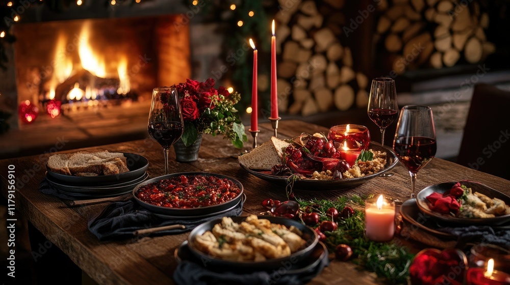 A romantic Valentine's dinner by the fireplace, with a cozy setup of candles, wine, and a delicious meal A romantic Valentine's dinner by the fireplace, with a cozy setup of candles, wine, and a delicious meal