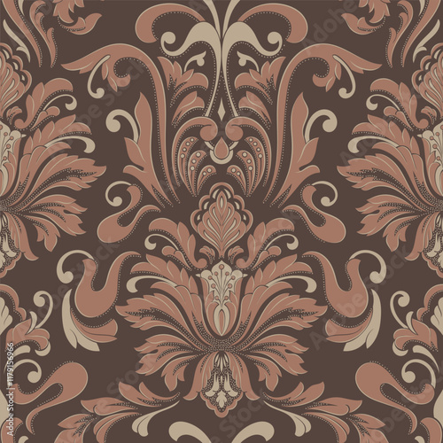 Damask Mocha Mousse seamless pattern element. Vector classical luxury old fashioned damask ornament, royal victorian seamless texture for wallpapers, textile. Vintage floral baroque template.