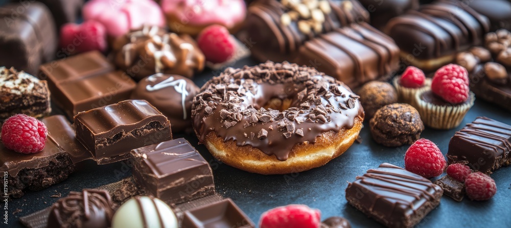 Chocolate Donut on a Table With an Assortment of Gourmet Chocolate, Candy, and Raspberries Chocolate Donut on a Table With an Assortment of Gourmet Chocolate, Candy, and Raspberries