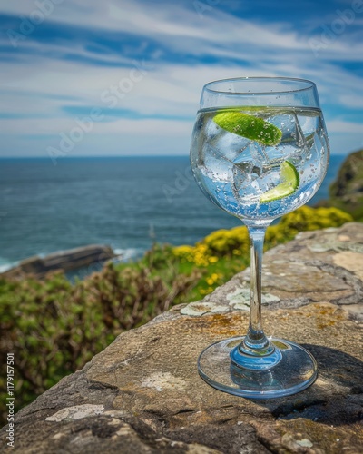 Gin and tonic cocktail with lime wedges in a wine glass, sits on a stone wall overlooking the ocean on a sunny day.