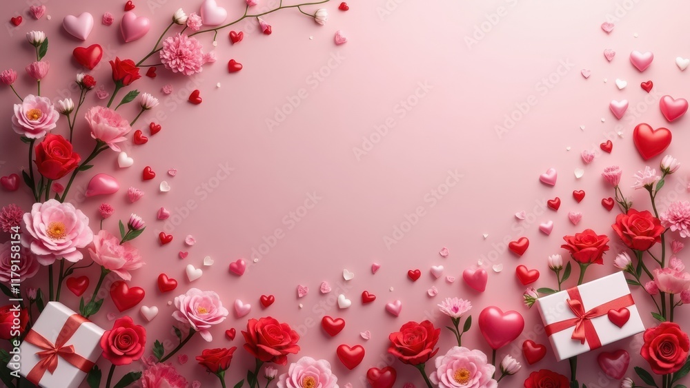 Obraz premium Colorful Floral Arrangement With Hearts and Gifts for a Festive Celebration. St Valentines gift Concept