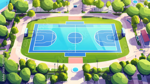 Sport ground, vector field and court of basketball, volleyball, soccer and ice hockey, tennis, rugby and baseball, handball and water polo sport games. Isolated green play field, rink, swimming pool photo